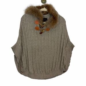 Kelli Kouri Cashmere Sweater Women OS Tan Fur Hood Cable Knit Poncho Brown